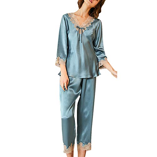 DISSA Damen Seidenpyjama Seiden Schlafanzug Nachtanzug mit Spitze 100% Seide Nachtwäsche Langarm T8228,Blau,L von DISSA