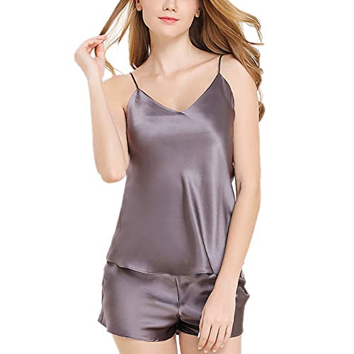 DISSA Damen Seidenpyjama Seiden Schlafanzug Nachtanzug sexy Spaghetti 100% Seide Nachtwäsche Ohne Arm T8117,Violett,XL von DISSA