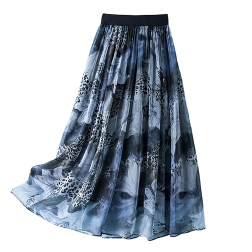 DISSA Damen Seidenrock Blau Blumen Elastischem Bund 100% Seide Luftiger Midi Plissierter Rock,EU 42,S2010-5 von DISSA