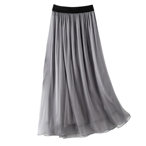 DISSA Damen Seidenrock Grau Einfarbiger Elastischem Bund 100% Seide Luftiger Midi Plissierter Rock,EU 40,S2010 von DISSA
