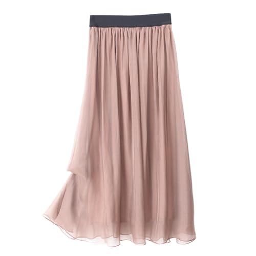 DISSA Damen Seidenrock Khaki Einfarbiger Elastischem Bund 100% Seide Luftiger Midi Plissierter Rock,EU 34,S2010 von DISSA