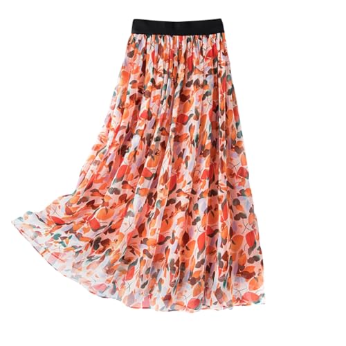 DISSA Damen Seidenrock Orange Bedruckter Elastischem Bund 100% Seide Luftiger Midi Plissierter Rock,EU 42,S2010-11 von DISSA