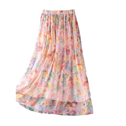 DISSA Damen Seidenrock Rosa-2 Bedruckter Elastischem Bund 100% Seide Luftiger Midi Plissierter Rock,EU 42,S6659 von DISSA