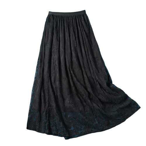 DISSA Damen Seidenrock Schwarz Bestickter Elastischem Bund 100% Seide Durchsichtiger Midi Plissierter Rock,EU 42,S6630 von DISSA