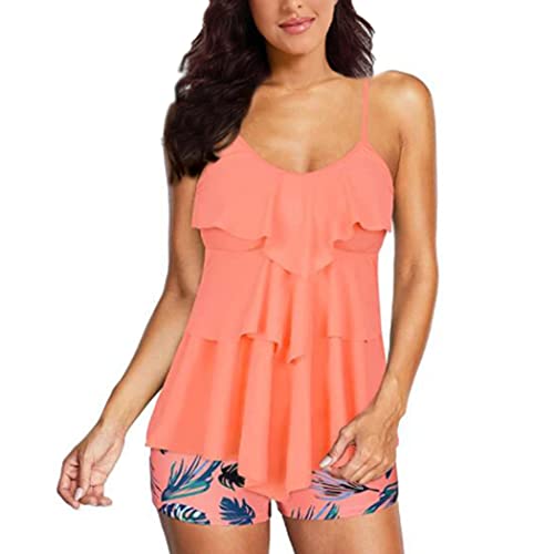 DISSA Damen Spaghettiträger Tankini Set Elastische Orange Zweiteiliger Badebekleidung für Frauen Bademode,XL,S2212 von DISSA