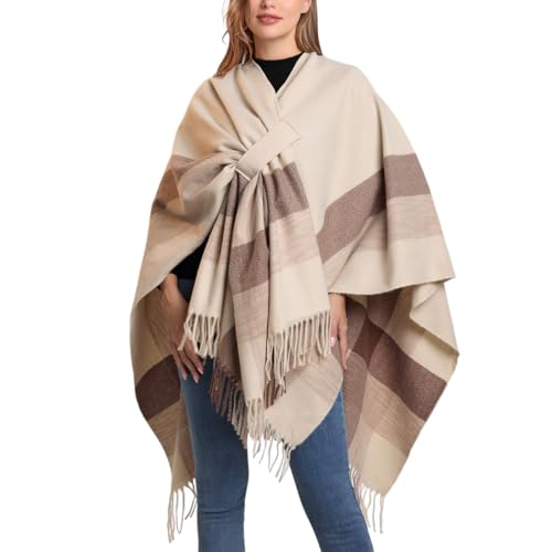 DISSA Damen Strick Poncho mit Offener Vorderseite Weiche Strick Cape Warm Schal mit Fransen für Frühling, Herbst und Winter,Beige,Einheitsgröße,P047 von DISSA