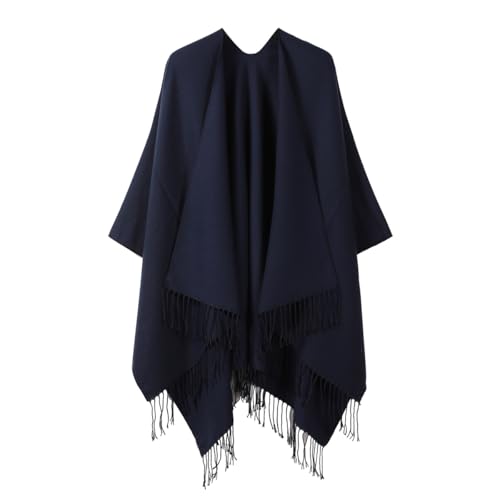 DISSA Damen Strick Poncho mit Offener Vorderseite Weiche Strick Cape Warm Schal mit Fransen für Frühling, Herbst und Winter,Dunkelblau,Einheitsgröße,P020 von DISSA