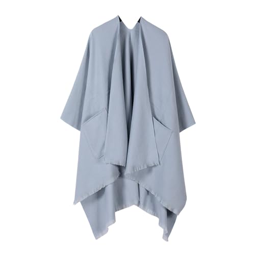 DISSA Damen Strick Poncho mit Offener Vorderseite Weiche Strick Cape Warm Schal mit Fransen für Frühling, Herbst und Winter,Hellblau,Einheitsgröße,P032 von DISSA