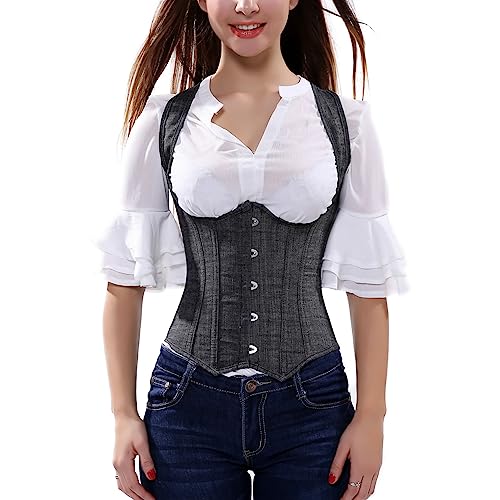 DISSA Damen Unterbrust Korsett Korsage Schnüren Kunststoff entbeint Grau Steampunk Riemen Shapewear Corsage,Größe 36-38,C840 von DISSA