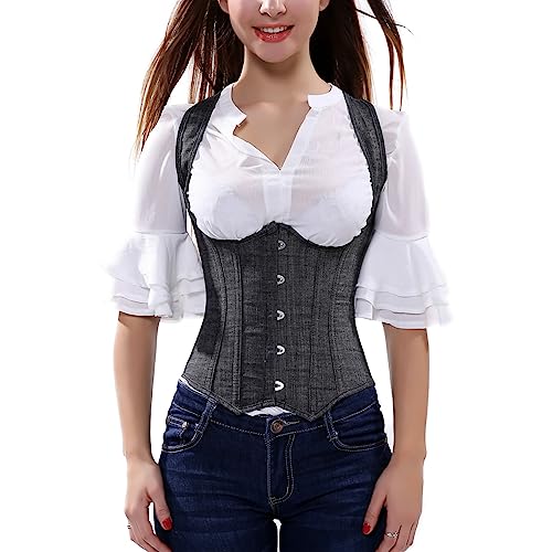 DISSA Damen Unterbrust Korsett Korsage Schnüren Kunststoff entbeint Grau Steampunk Riemen Shapewear Corsage,Größe 40-42,C840 von DISSA