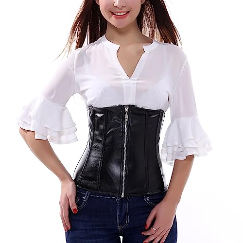 DISSA Damen Unterbrust Korsett Korsage Schnüren Kunststoff entbeint Schwarz Kunstleder Shapewear Corsage,Größe 42-44,C9261 von DISSA