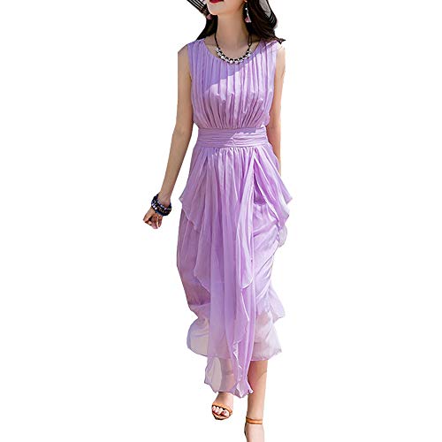 DISSA Damen Violett Seiden Kleid Ohne Arm Rundhals Solide 100% Seiden Langes Seiden Kleid,D9925,XL von DISSA