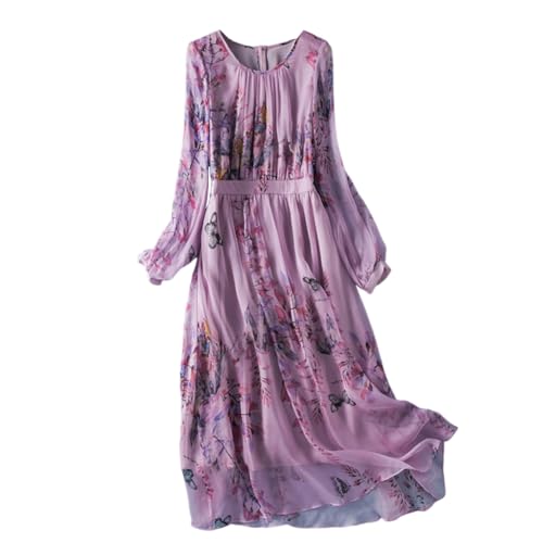DISSA Damen Violett Seidenkleid Bedrucktes Rundhals Langarm 100% Seide Kleid Luftiges Hoch Taillierte Falten Knielanges Mulberry Seidenkleid,EU 42,D2012 von DISSA