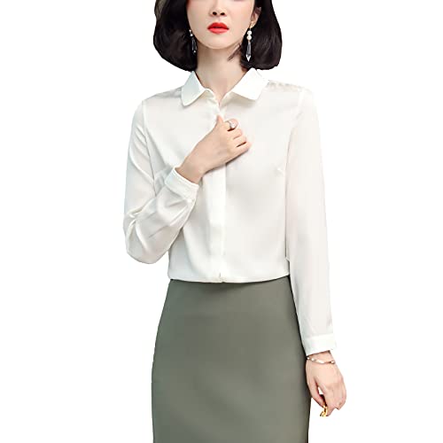 DISSA Damen Weiß Hemdbluse Seide Solide Button Down Hemden Damenbluse Langarm Revers Seidenbluse,L,S3369 DISSA Damen Weiß Hemdbluse Seide Solide Button Down Hemden Damenbluse Langarm Revers Seidenbluse,L,S3369 von DISSA
