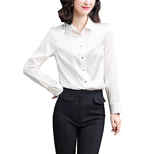 DISSA Damen Weiß Hemdbluse Seide Solide Button Down Hemden Damenbluse Langarm Revers Seidenbluse,M,S6631 von DISSA