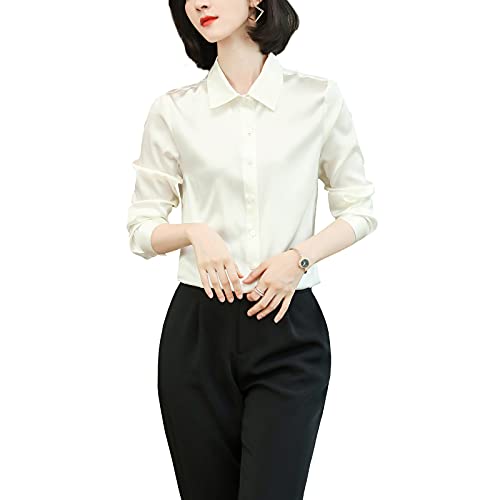 DISSA Damen Weiß Hemdbluse Seide Solide Button Down Hemden Damenbluse Langarm Revers Seidenbluse,M,S9098 DISSA Damen Weiß Hemdbluse Seide Solide Button Down Hemden Damenbluse Langarm Revers Seidenbluse,M,S9098 von DISSA