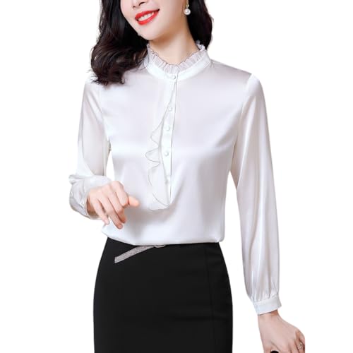 DISSA Damen Weiß Seide Bluse Stehkragen Blusenshirt Damen Langarm Seidenhemd Oberteile Rüschen Shirt,EU 36,S9223 DISSA Damen Weiß Seide Bluse Stehkragen Blusenshirt Damen Langarm Seidenhemd Oberteile Rüschen Shirt,EU 36,S9223 von DISSA