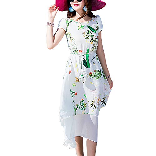 DISSA Damen Weiß Seiden Kleid Kurzarm Rundhals Blumen 100% Seiden Langes Seiden Kleid,D16193,M von DISSA