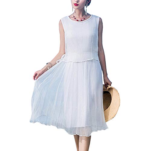 DISSA Damen Weiß Seiden Kleid Kurzarm Rundhals Solide 100% Seiden Langes Seiden Kleid,D8005,S von DISSA