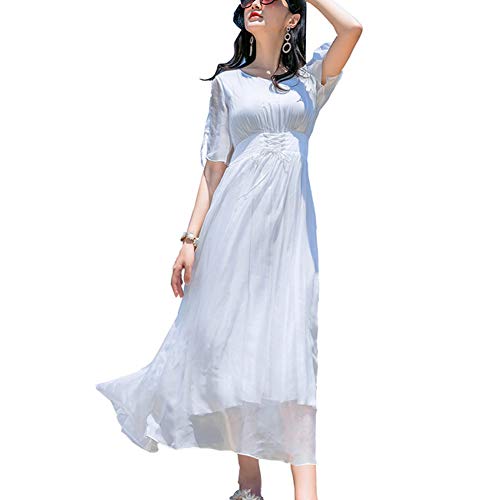 DISSA Damen Weiß Seiden Kleid Kurzarm V-Ausschnitt Solide 100% Seiden Langes Seiden Kleid,D1971,S von DISSA