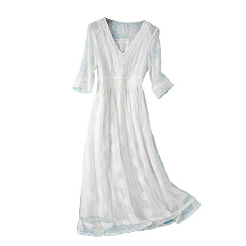 DISSA Damen Weiß Seiden Kleid Kurzarm V-Ausschnitt Solide 100% Seiden Langes Seiden Kleid,D1988,XL von DISSA