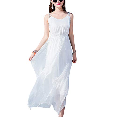 DISSA Damen Weiß Seiden Kleid Ohne Arm Trägerlos Solide 100% Seiden Langes Seiden Kleid,D8033,M von DISSA