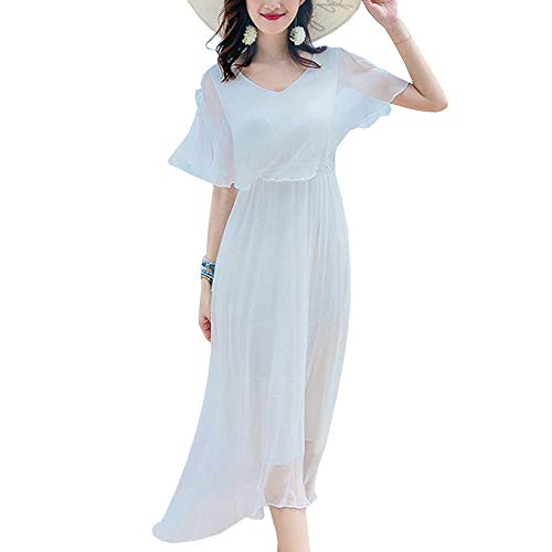 DISSA Damen Weiß Seiden Kleid Ohne Arm V-Ausschnitt Solide 100% Seiden Langes Seiden Kleid,D6602,XL von DISSA