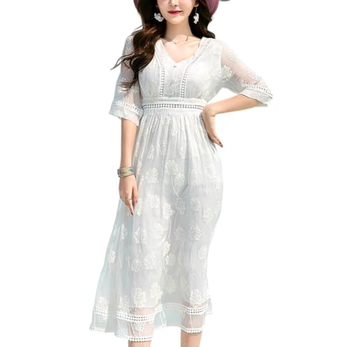 DISSA Damen Weiß Seidenkleid Einfarbiges V-Ausschnitt 3/4-Arm 100% Seide Kleid Luftiges Hoch Taillierte Besticktes Knielanges Mulberry Seidenkleid,EU 36,D1988 von DISSA