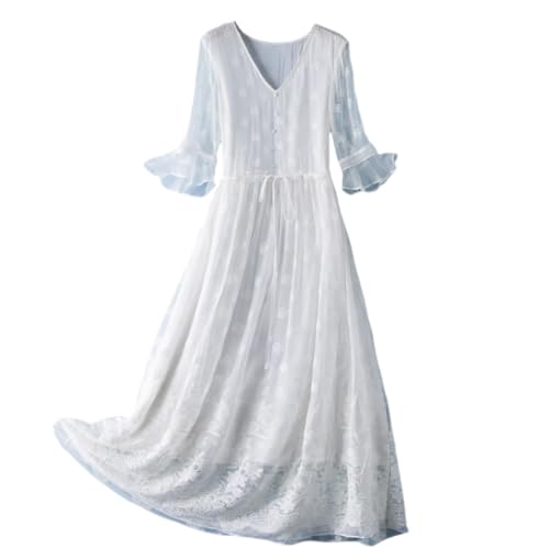 DISSA Damen Weiß Seidenkleid Einfarbiges V-Ausschnitt Kurzarm 100% Seide Kleid Luftiges Hoch Taillierte Besticktes Knielanges Mulberry Seidenkleid,EU 40,D2255 von DISSA