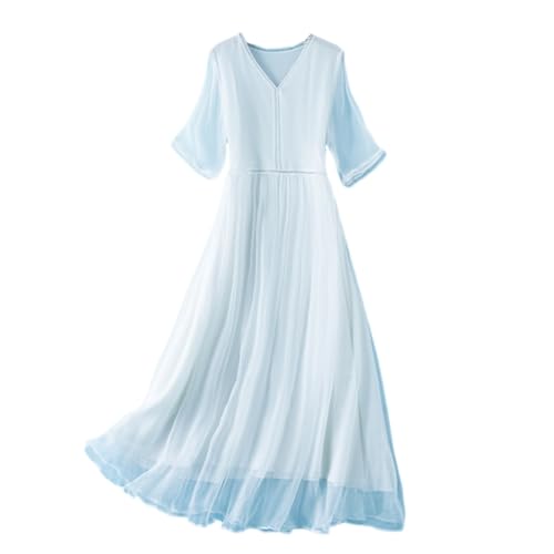 DISSA Damen Weiß Seidenkleid Einfarbiges V-Ausschnitt Kurzarm 100% Seide Kleid Luftiges Hoch Taillierte Falten Knielanges Mulberry Seidenkleid,EU 40,D2011 von DISSA