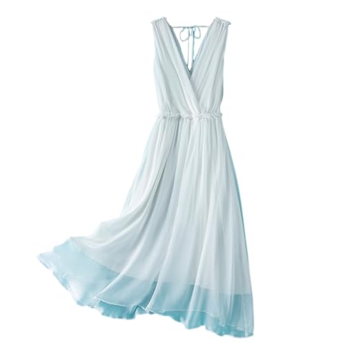 DISSA Damen Weiß Seidenkleid Einfarbiges V-Ausschnitt Ohne Arm 100% Seide Kleid Luftiges Elastische Taillen Falten Langes Mulberry Seidenkleid,EU 32,D2270 von DISSA