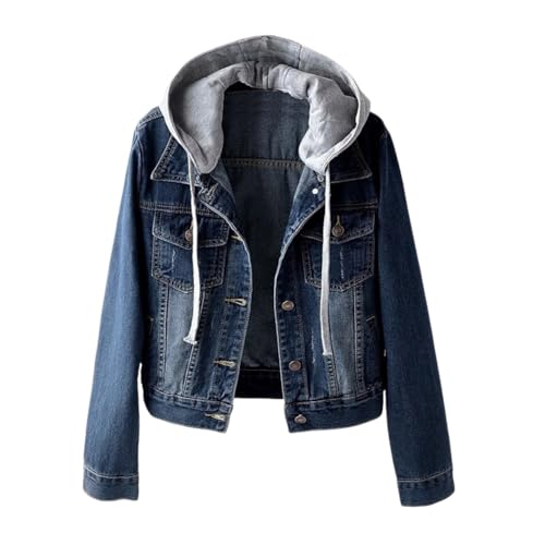 DISSA Dunkelblau Damen Kurz Jeansjacke Wascheffekt Bequeme Lange Ärmel mit Kapuze Denim Jacke Knopf Freizeitjacke,XL,XY034 von DISSA