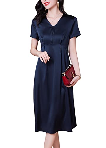 DISSA Dunkelblau Seide Damen Kleid Kurzarm Hoher Taille Elegant Seidenkleid V-Ausschnitt Au genou Freizeitkleid Einfaches A-Linie Sommerkleid,46,D23053 von DISSA