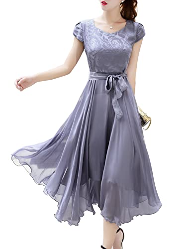 DISSA Grau Seide Damen Kleid Kurzarm Bindegürtel Elegant Seidenkleid Rundhals Midi Freizeitkleid Einfaches A-Linie Sommerkleid,44,D68096 von DISSA