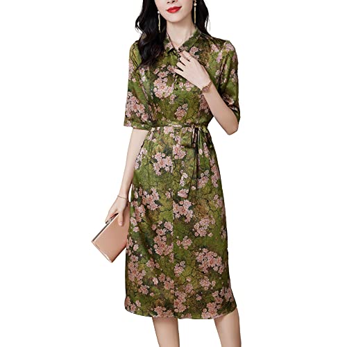 DISSA Grün Seide Damen Kleid Kurzarm Bindegürtel Elegant Seidenkleid Hemdkragen Au genou Freizeitkleid Blumen A-Linie Sommerkleid,46,D23025 von DISSA