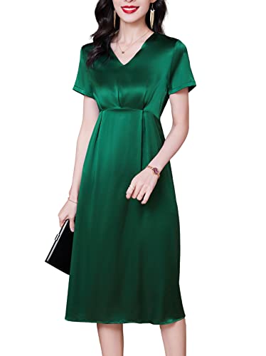 DISSA Grün Seide Damen Kleid Kurzarm Hoher Taille Elegant Seidenkleid V-Ausschnitt Au genou Freizeitkleid Einfaches A-Linie Sommerkleid,40,D23053 von DISSA