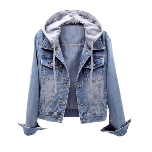 DISSA Hellblau Damen Kurz Jeansjacke Wascheffekt Bequeme Lange Ärmel mit Kapuze Denim Jacke Knopf Freizeitjacke,S,XY034 von DISSA