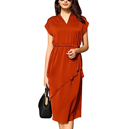 DISSA Orange Seide Damen Kleid Kurzarm Kordelzug Elegant Seidenkleid V-Ausschnitt Midi Freizeitkleid Einfaches Irregulär Sommerkleid,42,D9992 von DISSA