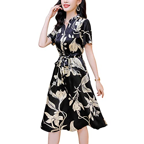 DISSA Schwarz Seide Damen Kleid Kurzarm Kordelzug Elegant Seidenkleid V-Ausschnitt Au genou Freizeitkleid Blumen A-Linie Sommerkleid,44,D9328 von DISSA