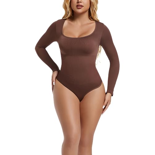 DISSA Shapewear Damen Bauchweg lange Ärmel Body Shaper Tanga Shaping Sculpting Bodyformer Rundhals Bodysuit Bauchweg Miederbody Stark Formend Elegant,Braun,S,SY75215 von DISSA