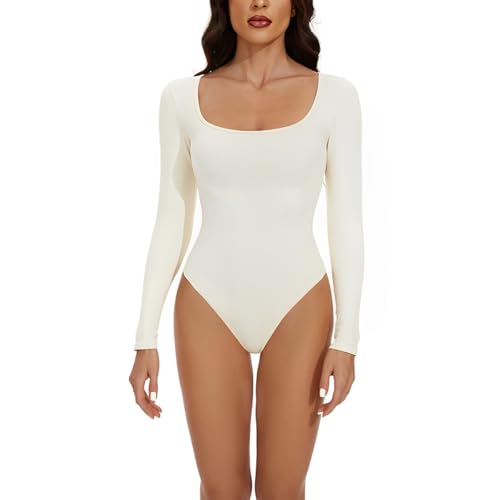 DISSA Shapewear Damen Bauchweg lange Ärmel Body Shaper Tanga Shaping Sculpting Bodyformer Rundhals Bodysuit Bauchweg Miederbody Stark Formend Elegant,Elfenbein,S,SY75215 von DISSA