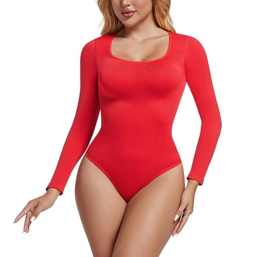 DISSA Shapewear Damen Bauchweg lange Ärmel Body Shaper Tanga Shaping Sculpting Bodyformer Rundhals Bodysuit Bauchweg Miederbody Stark Formend Elegant,Rot,S,SY75215 von DISSA