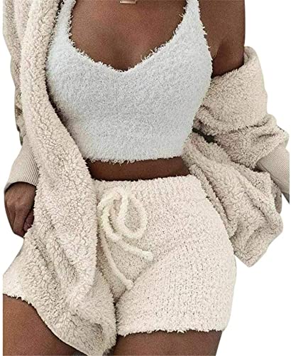 DIVAND Damen Casual 3-Teiliges Set Fluffy Plüsch Pyjama Langarm Samt Kapuzenjacke Mantel + Shorts + Crop Top Mode Winter Warm Halten Trainingsanzug,B,S von DIVAND