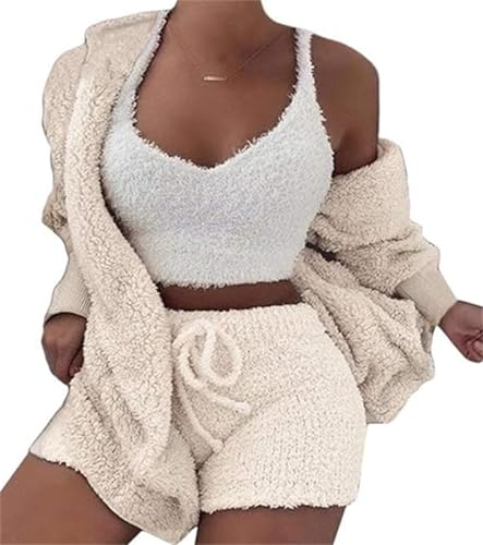 DIVAND Damen Casual 3-Teiliges Set Fluffy Plüsch Pyjama Langarm Samt Kapuzenjacke Mantel + Shorts + Crop Top Mode Winter Warm Halten Trainingsanzug von DIVAND