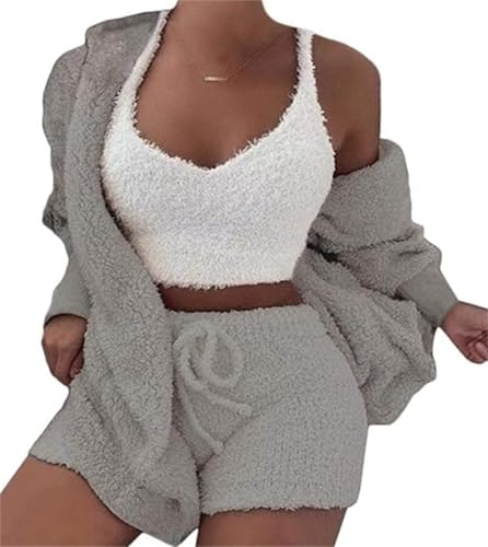 DIVAND Damen Casual 3-Teiliges Set Fluffy Plüsch Pyjama Langarm Samt Kapuzenjacke Mantel + Shorts + Crop Top Mode Winter Warm Halten Trainingsanzug von DIVAND