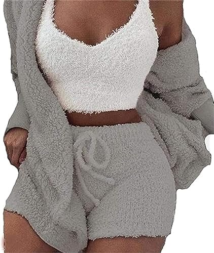 DIVAND Damen Casual 3-Teiliges Set Fluffy Plüsch Pyjama Langarm Samt Kapuzenjacke Mantel + Shorts + Crop Top Mode Winter Warm Halten Trainingsanzug von DIVAND