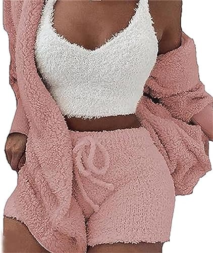 DIVAND Damen Casual 3-Teiliges Set Fluffy Plüsch Pyjama Langarm Samt Kapuzenjacke Mantel + Shorts + Crop Top Mode Winter Warm Halten Trainingsanzug von DIVAND