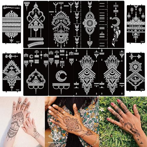 DIVAWOO 12 Blatt Temporäre Tattoos Henna Schablone Set, Indischer Arabischer Hände Hand Tattoo Tempel Aufkleber für Frauen Finger Körper von DIVAWOO