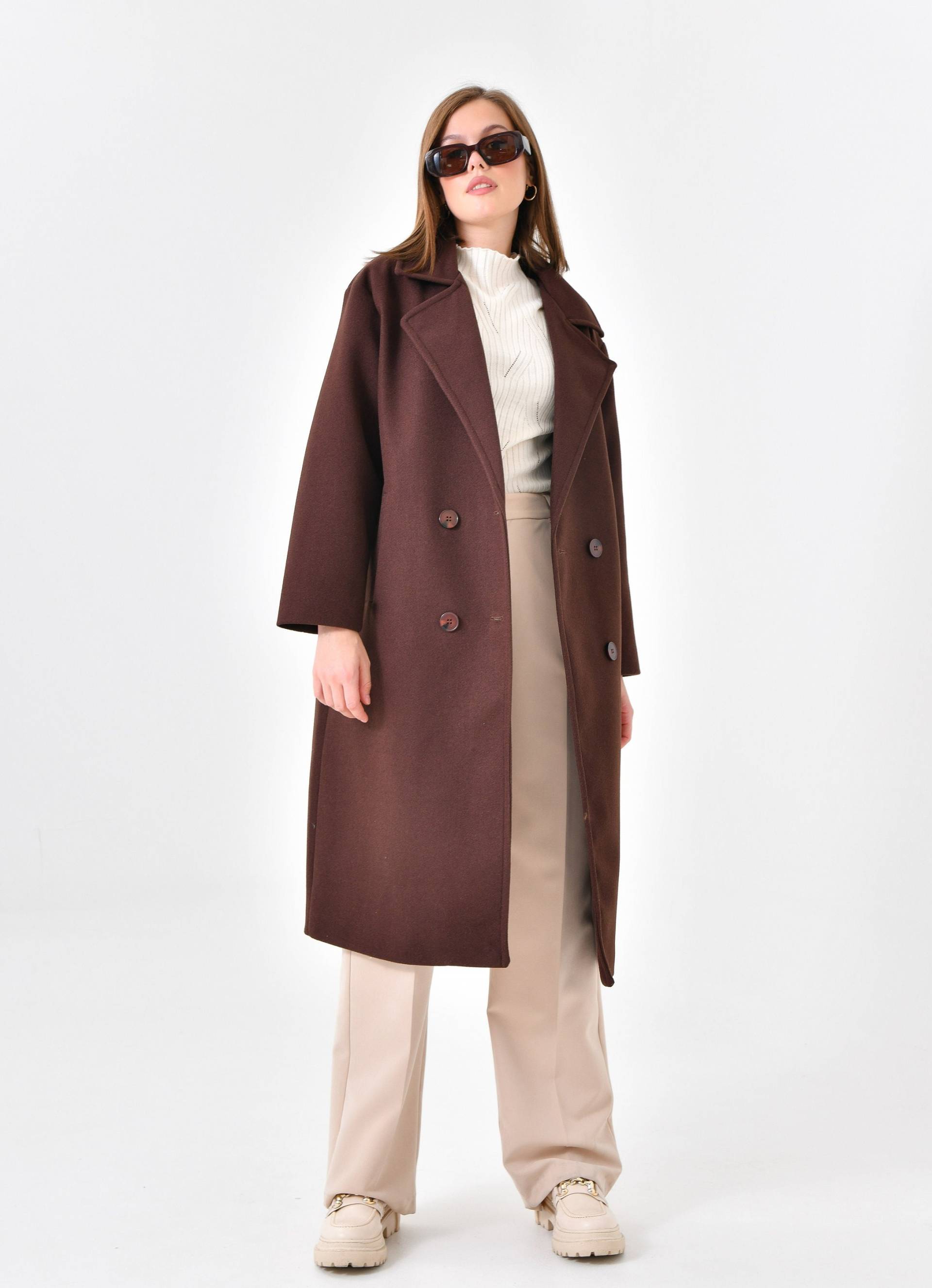 Damen Brauner Oversize Langer Mantel, Wollmantel Frauen, Wolle Wickelmantel, Mit Gürtel, Eleganter Wollmantel, Wickelmantel Von Divesse von DIVESSE