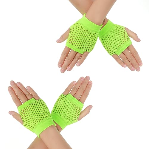 2 Paar Fingerlose Netzhandschuhe Damen Kurze Stretch Mesh Handschuhe Retro Nylon Fischnetz Handschuhe für 80er Jahre Mottoparty Halloween Cosplay Damen Kostümzubehör Fishnet Gloves (Grün) von DIVINA VITAE